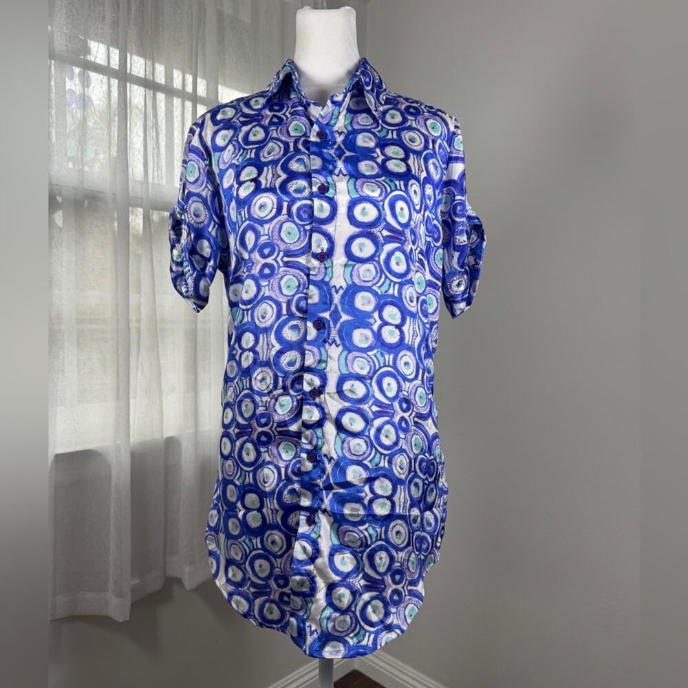 Antica Sartoria by Giacomo Cinque Abstract Print Roll Tab Short Sleeve Blouse